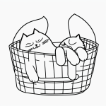 Simple black and white vector line art of a cat peacefully sleeping in a basket, designed as a children's printable coloring page with bold outlines.