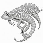 A simple black and white chameleon cartoon line art with clean outlines, designed for coloring book enthusiasts. The illustration has blank fill areas and no shading.