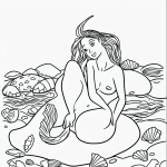A simple black and white vector line art of a mermaid sitting on a rock with seashells, designed as a children's coloring page with bold outlines and minimal style.