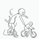Simple black and white vector line art of a child riding a bicycle, featuring bold clean outlines and minimal composition for a children's printable coloring page.