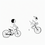 Simple black and white vector line art of a child riding a bicycle, featuring bold clean outlines and flat white background, ideal for a children's coloring page.