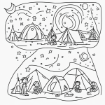 A simple black and white vector line art of children camping under the stars, designed for a printable coloring page with bold outlines and minimal composition.