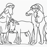 Simple black and white vector line art showing children feeding farm animals, featuring bold clean outlines on a flat white background, ideal for coloring.