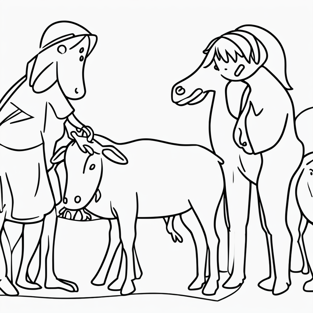 Charming Line Art of Kids Feeding Farm Animals