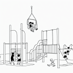 Simple black and white vector line art of children playing on swings in a playground, perfect for a printable coloring page with bold outlines and minimal composition.