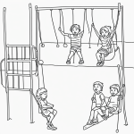 Black and white vector line art of children playing in a playground with swings, featuring bold outlines and minimal composition for a children's coloring page.