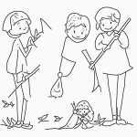 Simple black and white vector line art of children raking fall leaves, designed as a printable coloring page with bold outlines and minimal composition.