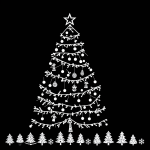 Simple black and white vector line art of a Christmas tree with ornaments, featuring bold outlines and minimal composition, perfect for a children's coloring page.