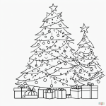 A simple black and white vector line art of a Christmas tree with ornaments, featuring bold outlines and a minimalist design for kids' coloring.