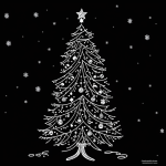 Simple black and white vector line art of a Christmas tree with ornaments, featuring bold clean outlines on a flat white background for children's coloring.