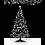 Black and white line art of a Christmas tree with ornaments, featuring clear outlines and blank fill areas for coloring.