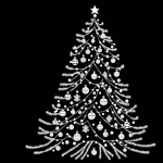 Black and white line art of a Christmas tree with ornaments, offering simple, uncolored outlines perfect for coloring book enthusiasts.