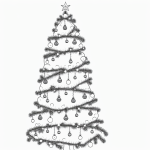 Black and white Christmas tree outline with ornaments, designed for coloring, featuring simple and clean lines with blank fill areas, perfect for holiday creativity.