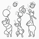 A simple black and white vector line art of a clown juggling balls, with bold clean outlines and a flat white background, ideal for children's coloring pages.