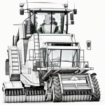 A simple black and white line art of a combine harvester, designed in a coloring book style with clean outlines and blank fill areas, no shading.