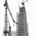 Black and white line art of a construction crane in coloring book style, featuring simple outlines and uncolored blank fill areas.