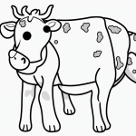 Black and white cow cartoon line art with simple outlines, ideal for coloring books, featuring uncolored areas and a pure white background.