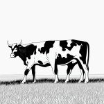 Simple black and white vector line art of a cow in a grassy field with bold outlines, perfect for a printable coloring page.