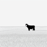 A simple black and white vector line art of a cow standing in a grassy meadow, designed for children's printable coloring pages with bold clean outlines.