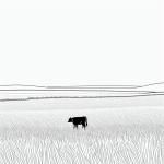 A simple black and white vector line art of a cow standing in a grassy meadow, designed as a children's printable coloring page with bold, clean outlines.