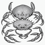 A simple crab cartoon in black and white line art style, ideal for coloring books, featuring clean outlines on a white background.