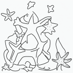 Simple black and white vector line art of a crab and starfish on a beach, featuring bold clean outlines and minimal composition, ideal for children's coloring pages.