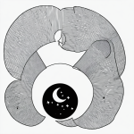 Simple black and white vector line art of a crescent moon and shooting stars, with bold outlines on a flat white background, perfect for children's coloring.