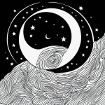 Simple black and white vector line art of a crescent moon and shooting stars with bold outlines, designed as a children's printable coloring page.
