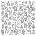 Black and white cartoon cupcake with sprinkles in line art style, featuring simple outlines and blank fill areas, perfect for coloring book enthusiasts.