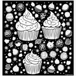 Cartoon cupcake with sprinkles in black and white line art, featuring simple outlines and blank fill areas, ideal for coloring book style artwork.