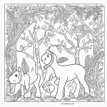 Black and white coloring book illustration of cute baby animals in a forest with bold outlines and plain white background, perfect for kids' creative fun.