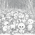 A charming black and white line art coloring page featuring cute baby animals in a forest with simple outlines and a white background.