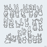 Cute cartoon bunnies in simple black and white line art, ideal for coloring books with clean outlines and uncolored fill areas.