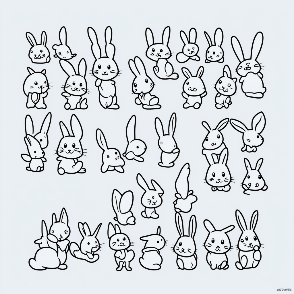 Cute Cartoon Bunnies Line Art for Coloring Books