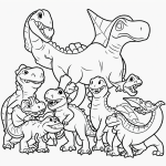 Simple black and white line art of cute cartoon dinosaurs with clean outlines, perfect for a coloring book, featuring blank fill areas and no shading.