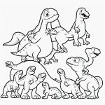 A black and white line art illustration of cute cartoon dinosaurs with simple outlines, designed for coloring book enthusiasts.