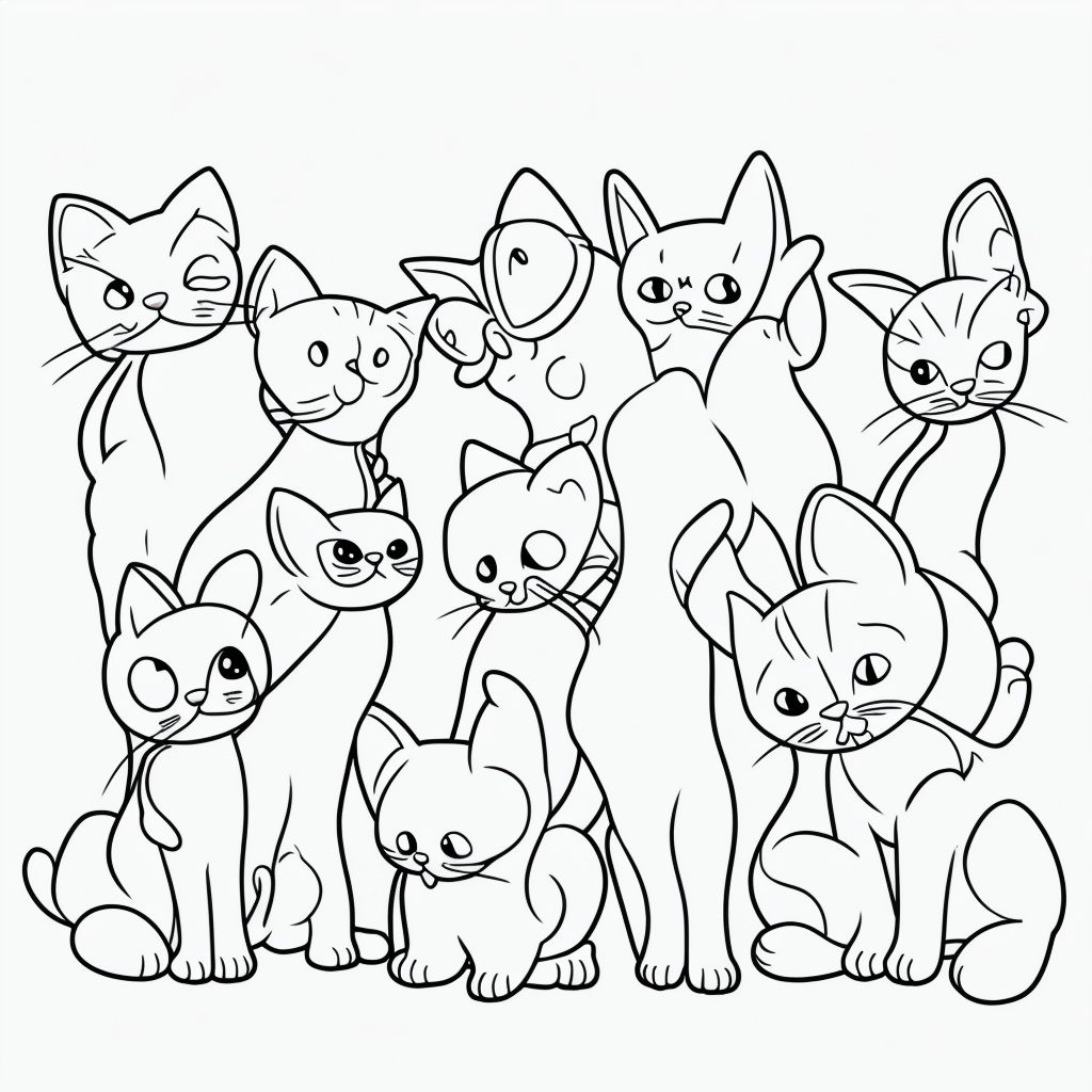 Adorable Cartoon Kittens: Black and White Line Art Fun