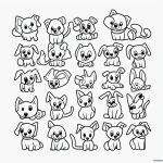 Black and white line art of cute cartoon puppies, featuring simple outlines and blank fill areas, suitable for coloring book enthusiasts.