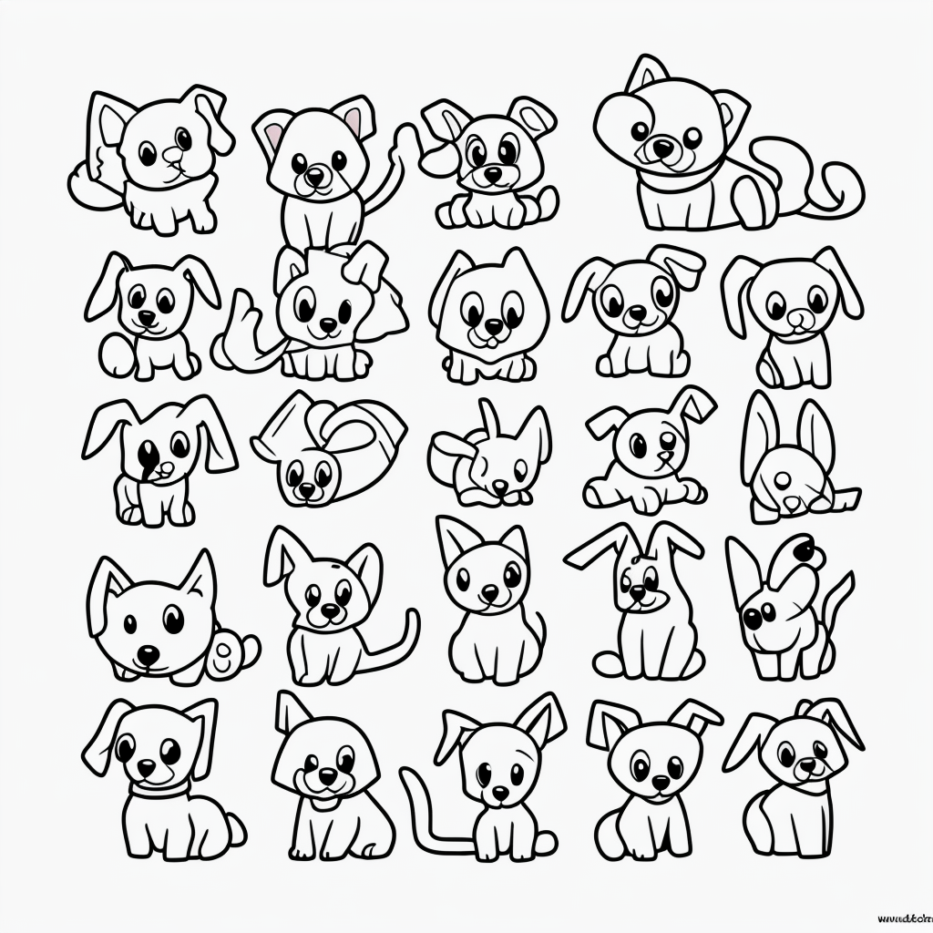 Cute Cartoon Puppies Coloring Book Line Art Fun