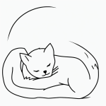 A simple black and white vector line art of a cute fox curled up and sleeping with bold clean outlines, designed as a children's printable coloring page.