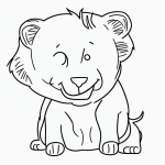 A simple black and white vector line art of a cute lion cub smiling, featuring bold clean outlines on a flat white background, perfect for kids' coloring.
