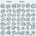 Line art of numbers with cute faces, simple outlines, and blank areas for coloring, on a white background.