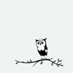 Simple black and white vector line art of a cute owl sitting on a branch, featuring bold outlines and a flat white background, perfect for coloring.