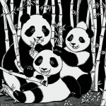 A cute panda eating bamboo, depicted in a simple black and white vector outline, perfect for coloring book enthusiasts.