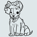 Cute puppy cartoon line art with simple outlines, ideal for coloring books in black and white with a white background and clean design.