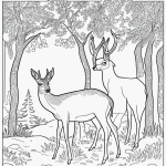 Black and white line art of a deer standing in a forest, surrounded by trees, designed as a coloring book illustration.