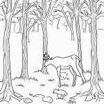 A simple black and white vector line art of a deer standing in a forest clearing with bold, clean outlines against a flat white background, perfect for coloring.