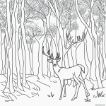 Simple black and white vector line art of a deer standing in a forest clearing with bold, clean outlines and a flat white background, perfect for coloring pages.