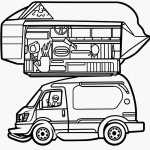A simple, black-and-white delivery van cartoon in line art style, featuring clean outlines and blank fill areas, ideal for coloring book enthusiasts.