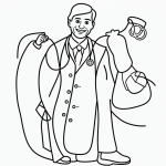 A simple black and white vector line art of a doctor with a stethoscope and a smiling patient, designed as a children's printable coloring page.